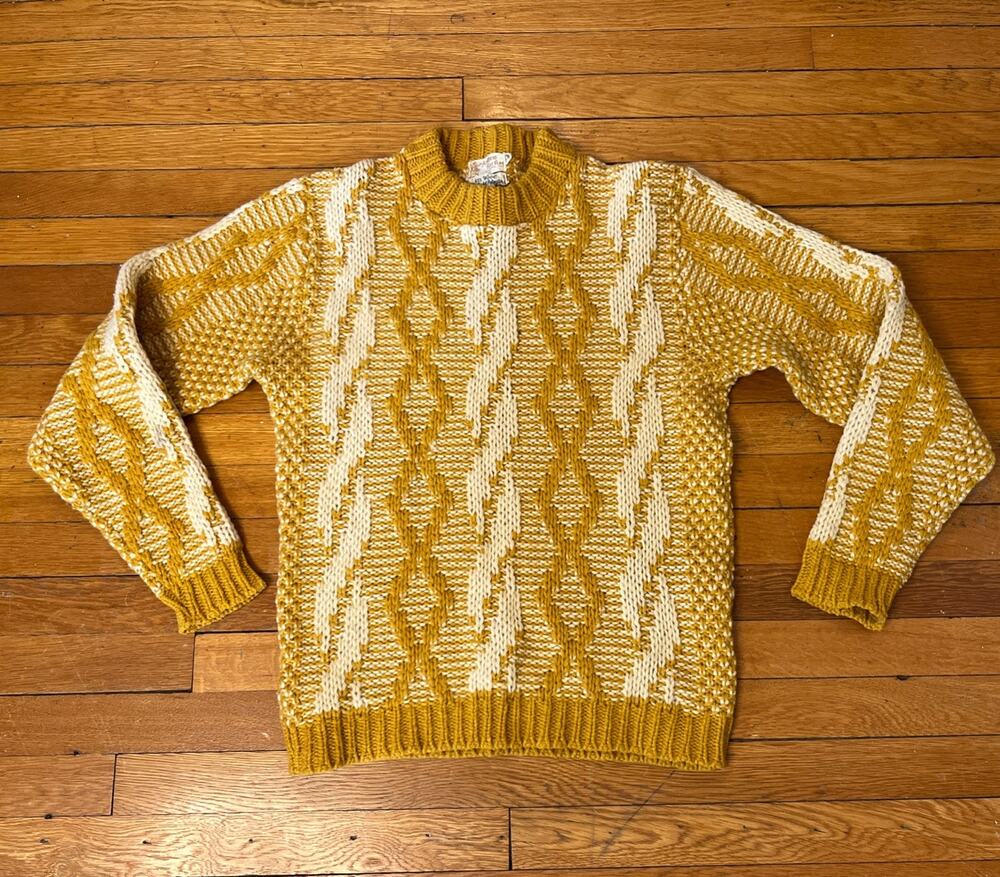 Vintage 1960s Chunky Knit Wool Fisherman's Sweater L Mustard USA Andrew‎ MacRae